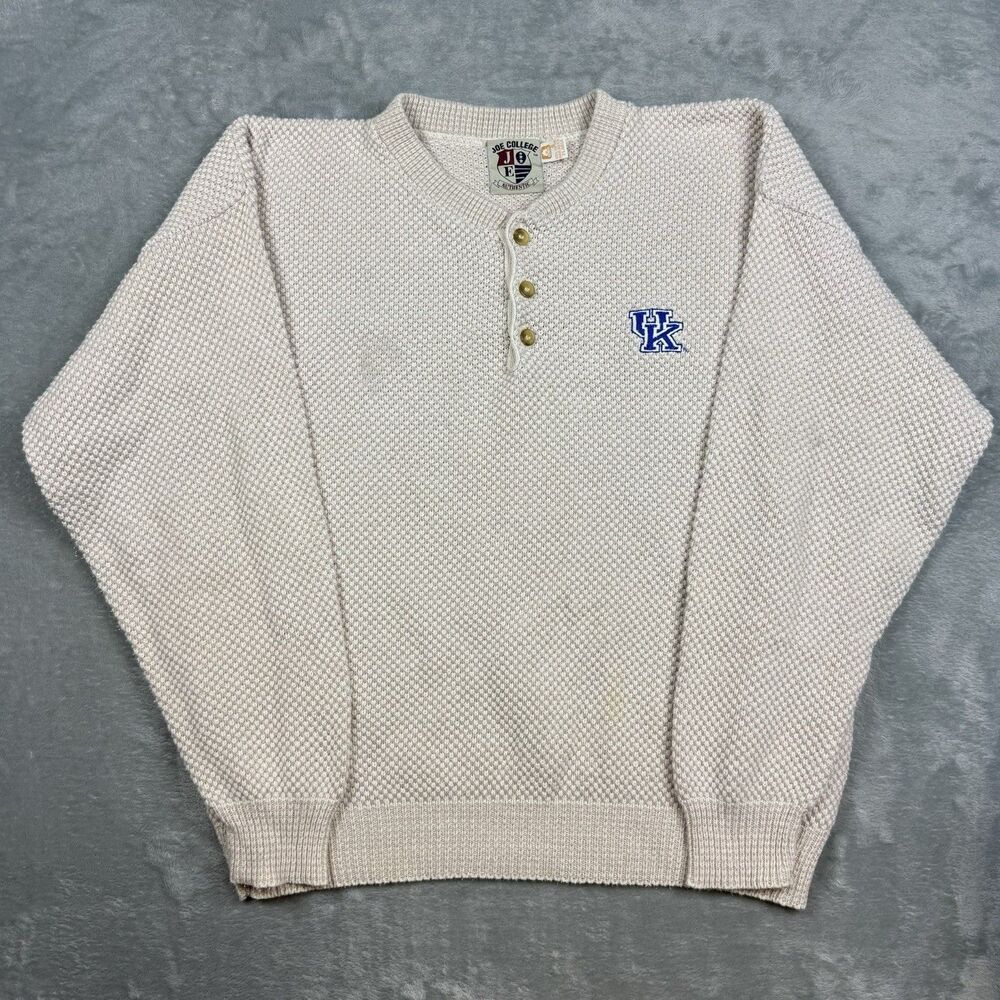 Vintage Kentucky Wildcats UK Joe College Henley Sweater Mens XL Cream NCAA